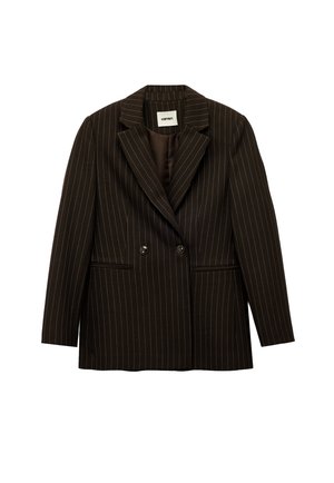 Brown pinstripe blazer with a double-breasted design, notched lapels, and two front pockets. Smooth texture and tailored fit.