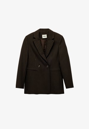 Brown pinstripe blazer with a double-breasted design, notched lapels, and two front pockets. Smooth texture and tailored fit.