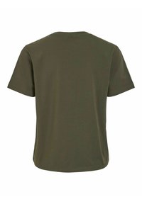 Olivgrön t-shirt med kort ärm, rundad halsringning, mjukt tyg, avslappnad passform, inga synliga tryck eller dekorationer. Slät yta.