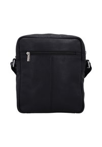 Borsa crossbody nera in pelle con superficie texture, tasca frontale con zip, tracolla regolabile e forma rettangolare.
