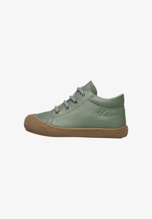 Green leather sneaker with gray laces, rubber sole, and stitched detailing. Round toe and logo on the side. Low ankle height.