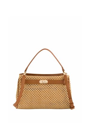 Hellbraune geflochtene Handtasche mit Lederbesatz, oberem Griff, verstellbarem Schulterriemen und goldfarbenem Drehverschluss.