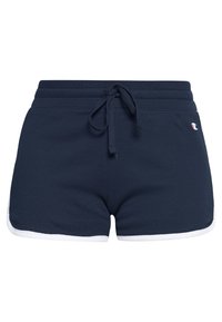 Marinblå bomullsshorts med dragsko i midjan, med vita sidopaneler och en liten logotyp på nedre vänstra sidan.