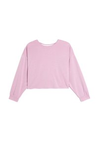 Sweatshirt court rose clair avec manches longues, col rond et texture côtelée. Présente une coupe ample et des bords de manches côtelés.