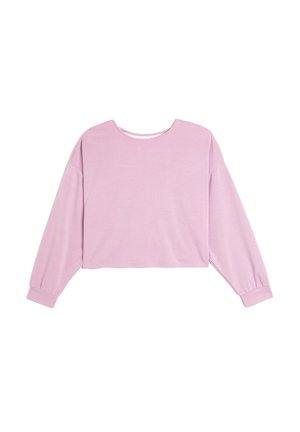 Lichtroze cropped sweatshirt met lange mouwen, ronde halslijn en geribbelde textuur. Heeft een losse pasvorm en manchetachtige mouwuiteinden.