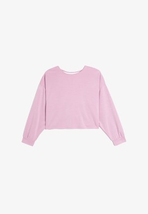 Lyserød cropped sweatshirt med lange ærmer, rund halsudskæring og ribbet tekstur. Har en løs pasform og manchetter ved ærmerne.
