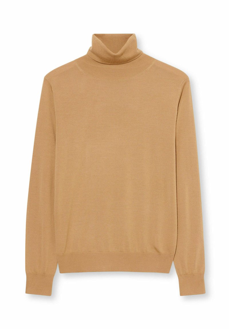 Béžový rolákový svetr z měkké látky, se dlouhými rukávy a žebrovanými lemy, s volnějším střihem a hladkou texturou.