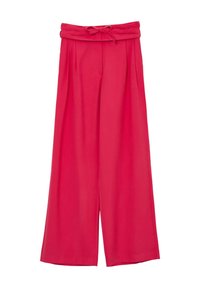 Pantalons larges en tissu rose vif, avec une taille haute élastique à nouer et des plis, texture lisse et sans motifs visibles.
