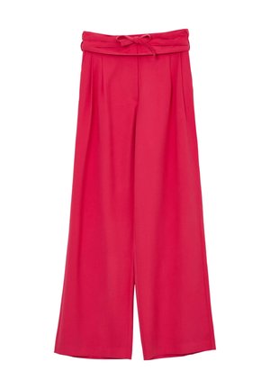 Pantaloni a gamba larga in tessuto rosa brillante, con una vita alta elasticizzata e un laccio, pieghe, superficie liscia e senza pattern visibili.