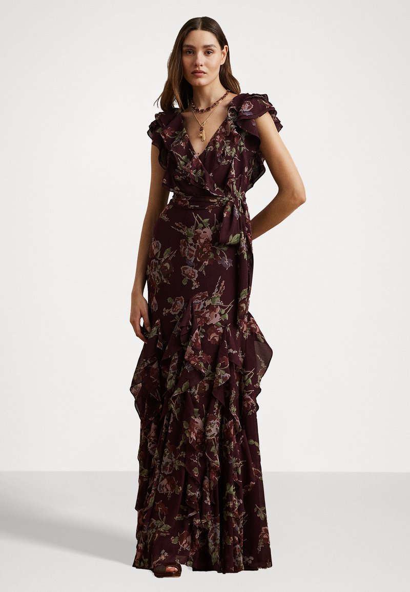 Lauren Ralph Lauren FLORAL RUFFLE TRIM GEORGETTE GOWN - Occasion wear -  burgundy multi/bordeaux - Zalando