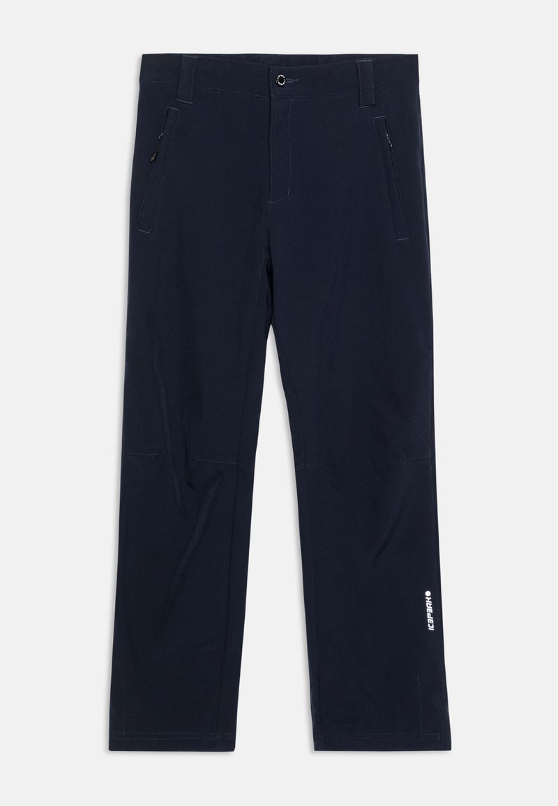 Pantalons de plein air de couleur marine en tissu durable, présentant deux poches latérales, une poche zippée et un détail de logo blanc près de l'ourlet.