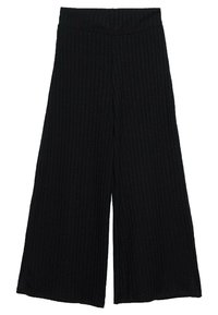 Zwarte wijde broek met ribbeltextuur, met een hoge taille en vloeiende silhouet. Geen zichtbare hardware of accenten.