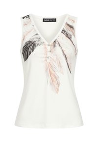 Haut sans manches blanc avec un col en V, orné d'un imprimé de plumes en noir et rose doux. Comprend trois boutons décoratifs au niveau du col.