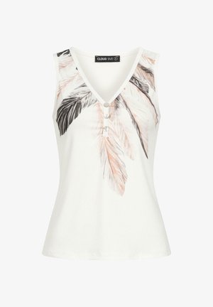 Biela bezrukávová blúzka s V-výstrihom, s potlačou pierok v čiernej a jemne ružovej farbe. Obsahuje tri dekoratívne gombíky na výstrihu.