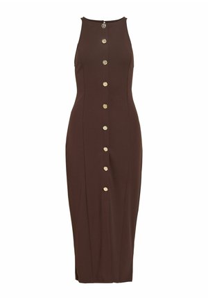 Mouwloze, aansluitende donkerbruine midi-jurk met een hoge halslijn en een verticale rij gouden knopen middenvoor.