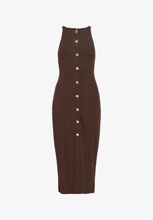Mouwloze, aansluitende donkerbruine midi-jurk met een hoge halslijn en een verticale rij gouden knopen middenvoor.