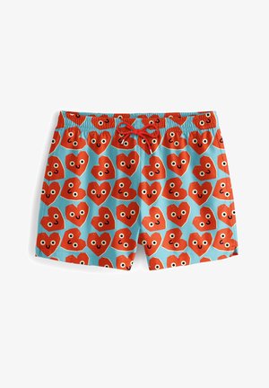 Zwemshorts met een turquoise achtergrond en een herhaald patroon van oranje harten, elk met ogen en lachende gezichten. Met trekkoord in de taille.