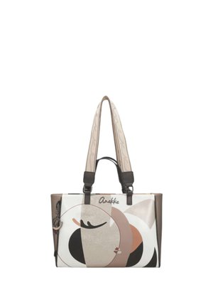 Borsa a mano rettangolare con motivo astratto di volto in tonalità beige, marrone, nero e bianco, con doppi manici color cuoio e chiusura con zip.