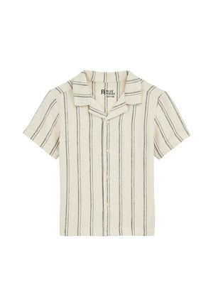 Short-sleeve shirt in light cream fabric with vertical black stripes, featuring a collar and front button closure. Soft texture.