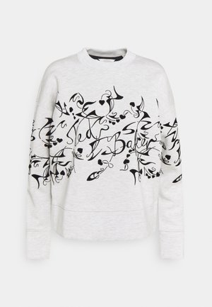 Lysegrå sweatshirt med lange ærmer med sort abstrakt blomstermønster og hjerte samt "Ted Baker"-tekst på både front og ærmer.