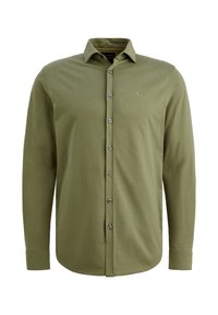 Licht olijfgroen overhemd met lange mouwen, gemaakt van zachte katoen. Het heeft een knoopsluiting aan de voorkant en een klein geborduurd logo op de borst.