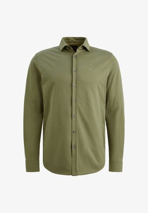 Licht olijfgroen overhemd met lange mouwen, gemaakt van zachte katoen. Het heeft een knoopsluiting aan de voorkant en een klein geborduurd logo op de borst.