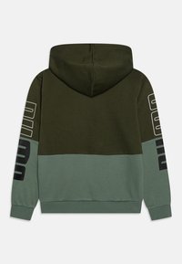 Sudadera con capucha en paneles de verde oscuro y verde claro, con marca blanca en la manga. Mezcla de algodón suave, puños y dobladillo acanalados.