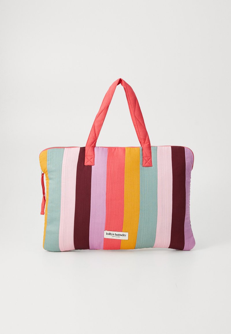 Quilted laptop sleeve featuring horizontal stripes in pink, purple, yellow, and green, with a coral handle and logo tag.