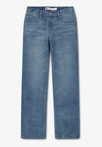 Ανοιχτό μπλε τζιν παντελόνι με ευθεία γραμμή, πέντε τσέπες και κλείσιμο με φερμουάρ, με διακριτική ξεθώριαση και απαλό, λείο ύφασμα.