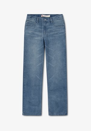 Lyseblå denimjeans med rett passform, fem lommer og glidelåslukking, med subtil falming og en myk, glatt tekstur.