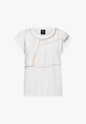 Wit T-shirt met korte mouwen met multicolor abstracte stikpatronen en een zwart merkembleem bij de kraag.