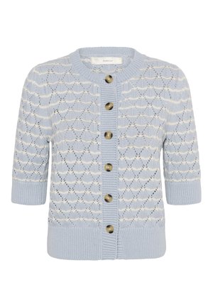 Világoskék kötött rövid ujjú kardigán fehér csíkokkal, barna elülső gombokkal, bordázott nyakkal, mandzsettákkal és szegéllyel.