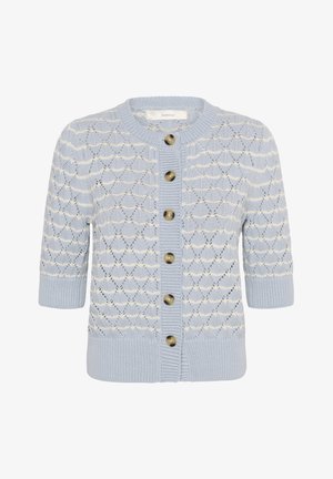 Šviesiai mėlynas megztinis trumpomis rankovėmis su baltomis juostelėmis, priekyje rudi mygtukai, megztas apykaklė, rankogaliai ir apačia.