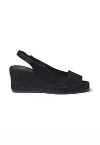Sandales compensées noires avec un design à bout ouvert, tige en textile et talon en jute tressé. Dotées d'une sangle réglable pour un maintien sûr.