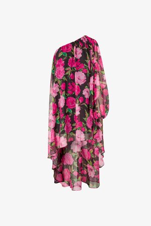 Asymmetrisk sort en-skulder-kjole med gjennomsiktig stoff, knallrosa blomster-mønster, og en vid lang erme som er samlet ved håndleddet.