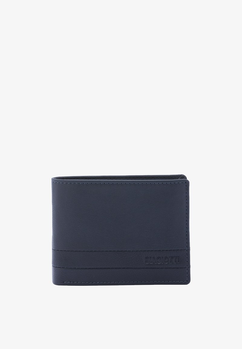 Portafoglio in pelle blu navy con texture liscia, design pieghevole e logo in rilievo. Presenta una striscia orizzontale e numerosi scomparti per carte.