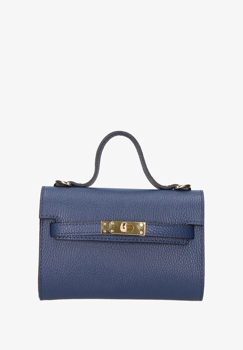 Borsa a tracolla in pelle blu con finitura texturizzata, dotata di chiusura a incastro in tono oro e manico corto. Design compatto con minimalismo negli accessori.