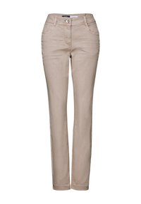 Vaqueros rectos color beige, hechos de una suave mezcla de algodón, con diseño de cinco bolsillos, pasadores para cinturón y cierre de botón en la parte frontal.