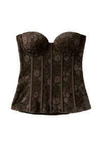 Corset en dentelle noire à motif floral, armatures structurées et bonnets rembourrés, conçu pour le modelage et le maintien.