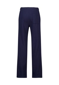 Navy blue sweatpants, made from soft fabric, featuring an elastic waistband, wide legs, and a single back pocket.