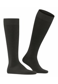 Knee-high černé ponožky vyrobené z hladkého, elastického materiálu s žebrovaným designem na vrchu a pevným povrchem po celé délce.