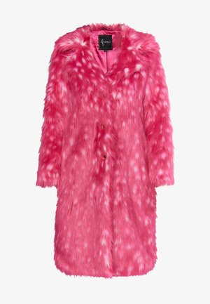 Faux fur coat in bright pink with a soft texture, featuring scattered white spots, a collar, and button closures. Relaxed fit and knee-length.