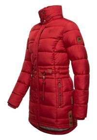 Red puffer jacket with a high collar, featuring horizontal stitching, a drawstring waist, and brown leather accents. Includes zippered pockets.