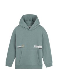 Sudadera verde claro de algodón, con un bolsillo frontal, capucha con cordones y acentos de texto impresos en el pecho y el bolsillo.
