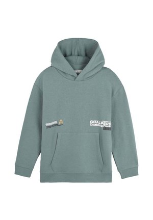 Sudadera verde claro de algodón, con un bolsillo frontal, capucha con cordones y acentos de texto impresos en el pecho y el bolsillo.