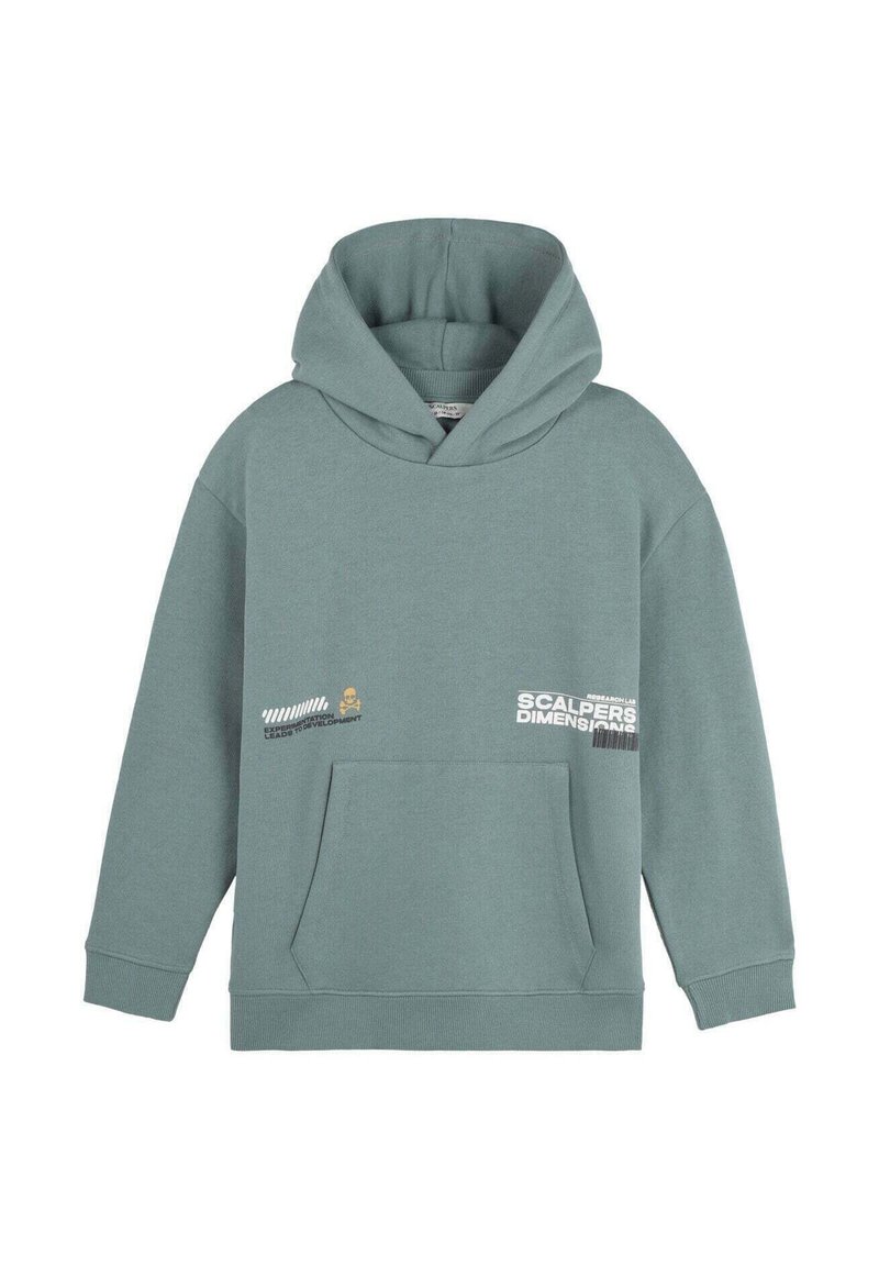 Sudadera verde claro de algodón, con un bolsillo frontal, capucha con cordones y acentos de texto impresos en el pecho y el bolsillo.