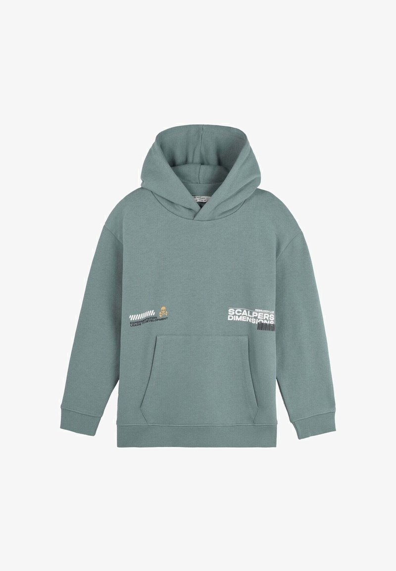Light green hoodie made of cotton, featuring a front pocket, drawstring hood, and printed text accents on the chest and pocket.