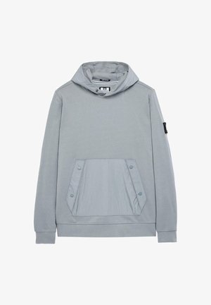 Lichtgrijze hoodie met een dubbelgelaagde capuchon, ribgebreide manchetten en een grote buidel met drukknoopjes en een textuuraccent.