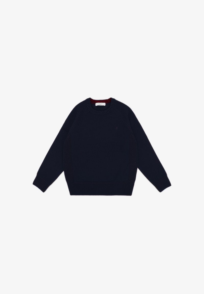 Navy knit sweater with a crew neckline, ribbed cuffs and hem, featuring textured side details and a small branded logo on the chest.