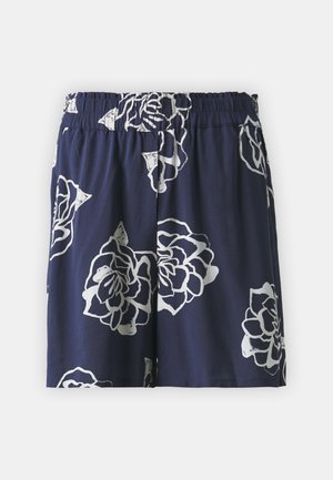 Navy shorts with a white floral pattern, featuring an elastic waistband and a relaxed fit. Made of lightweight fabric.